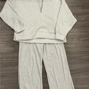 Gray ribbed wide leg pants and matching half zip